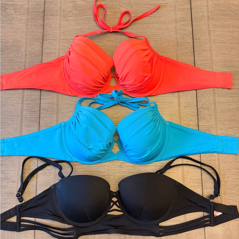 Victorias Secret bundle bikini tops 34DD - Coral, Blue, and Black.